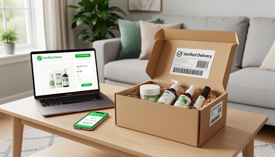 Smartphone and delivery package on a kitchen table representing online ordering for CBD cream