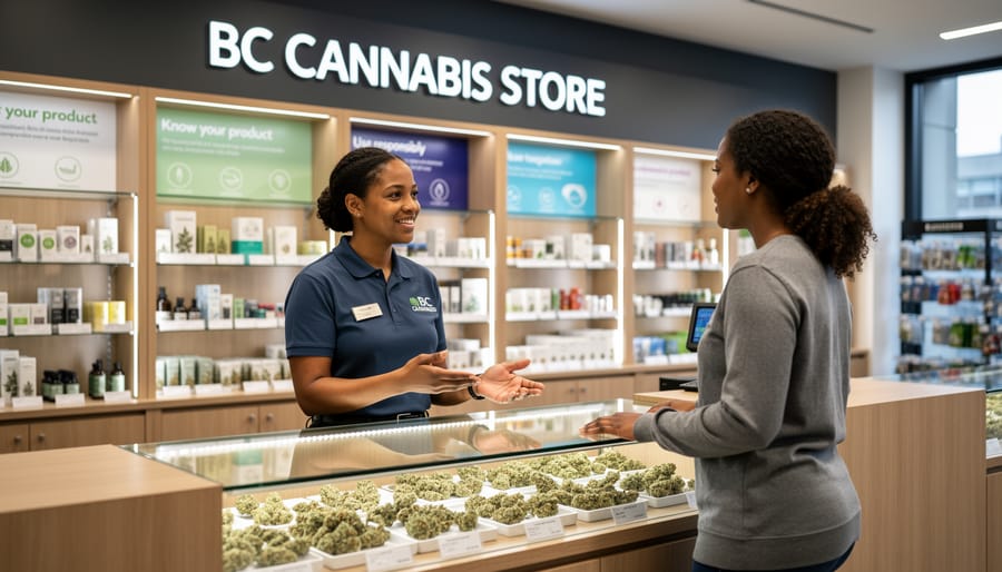 Store associate assisting a customer at a cannabis product display in a retail environment