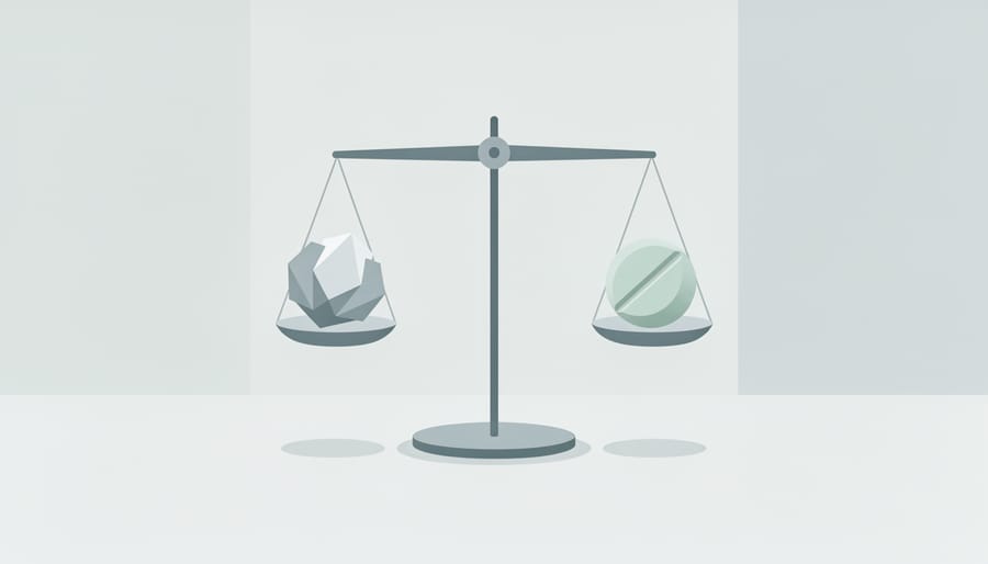 Symbolic glass balance scale with subtle vapor rising over a stone surface