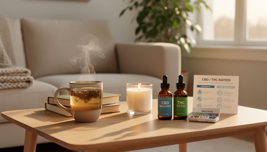 Tray on a table with a vape device and glass of water in a bright, clean room with plants in the background.