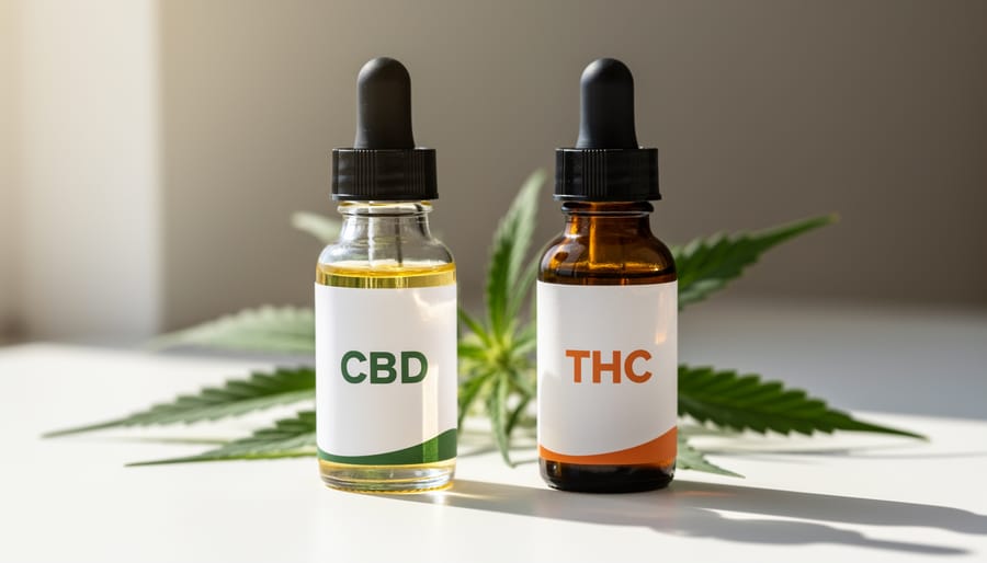 Two small glass jars on a wooden table containing pale green and amber cannabis oils with a dropper nearby.
