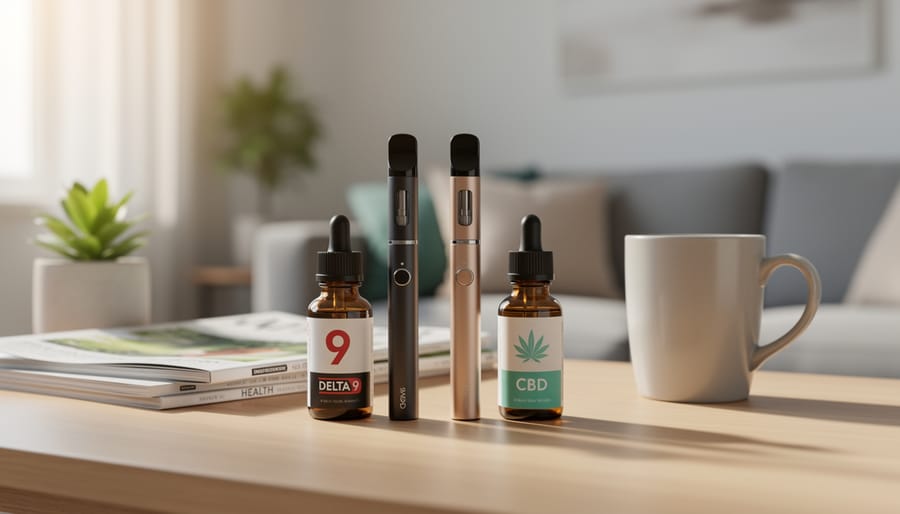 Two small vape devices on a dark tabletop, one with a clear tank and another with a cartridge
