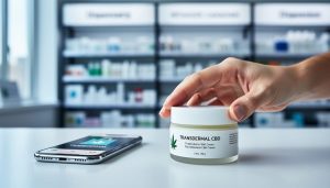Close-up of a hand placing a CBD cream jar on a counter, with a blurred phone and retailer/pharmacy elements in the background to illustrate online cannabis vs pharmacy availability in Canada.
