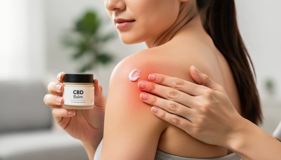Person applying CBD balm to an upper shoulder for pain relief