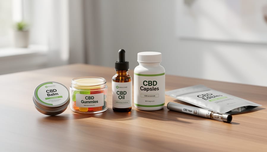 Assorted CBD products including a vape cartridge, tincture bottle with dropper, gummies jar, and cream balm container on a table