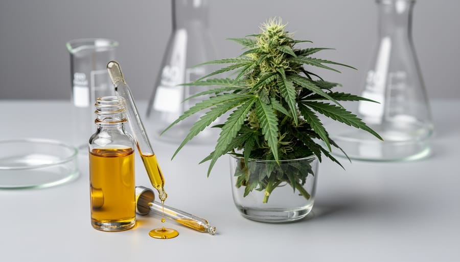 Macro view of cannabis flowers with trichomes next to an unlabeled amber dropper bottle