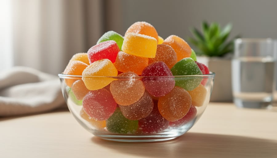 Assorted colorful gummy candies in a glass bowl under soft daylight