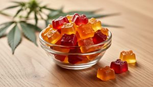 Assorted colorful cannabinoid gummies in a glass bowl on a wooden surface, with softly blurred hemp leaves in the background.