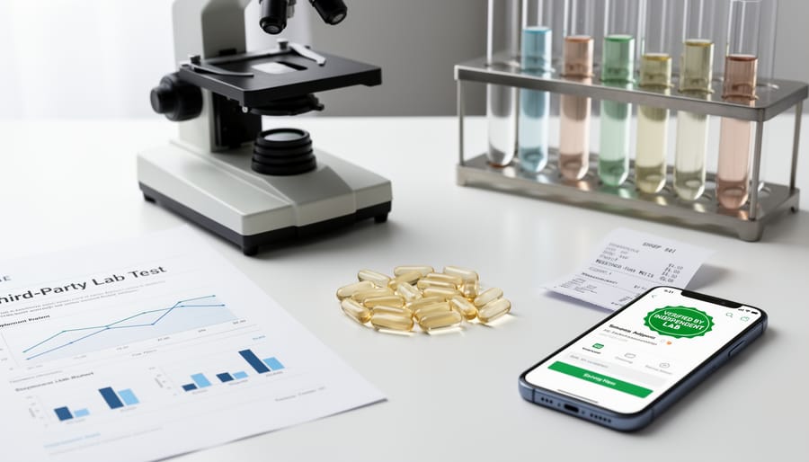 CBD gel capsules arranged next to a blank certificate card and lab-style vial containers