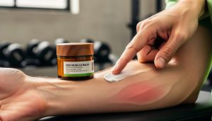 Amber jar of CBD muscle balm being applied by hand to a forearm in a bright gym setting for post-workout recovery.