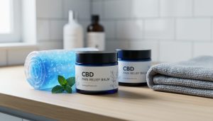 Close-up of CBD pain-relief balm jars and a cooling gel pack on a wooden counter in a clean wellness setting.