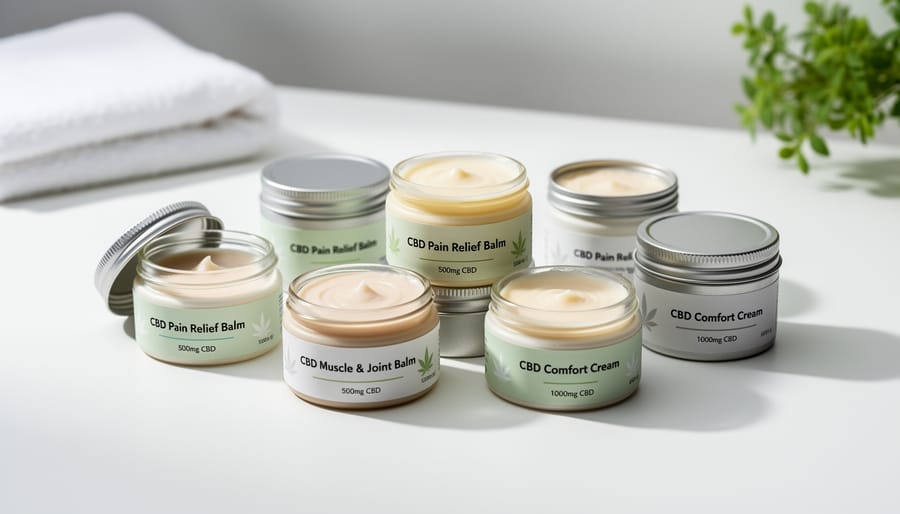 Selection of CBD pain relief balm containers on a wooden table in soft daylight