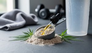 Scoop of plant-based protein powder beside a CBD oil dropper and shaker bottle, with hemp leaves on a stone countertop to represent CBD protein powder for recovery and wellness.
