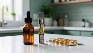 “Three CBD product formats—tincture bottle, vape cartridge, and softgels—arranged on a clean countertop to show that sizing varies by type.”