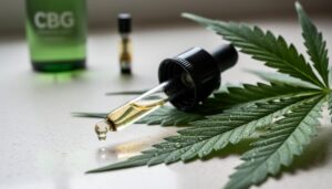 Hemp leaves next to a translucent oil dropper with soft green reflections, suggesting a hemp-derived cannabinoid concept for CBG.