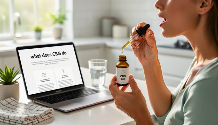 Person’s hands holding a CBG oil bottle and dropper above a kitchen counter
