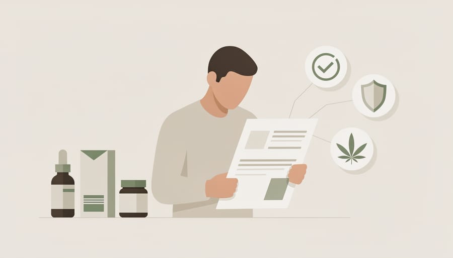 Hands placing an amber CBD product beside an envelope and blank paper on a table
