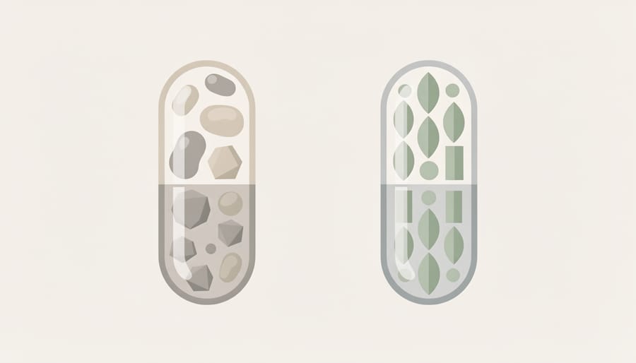 Two types of CBD capsules with different textures on a dark tabletop
