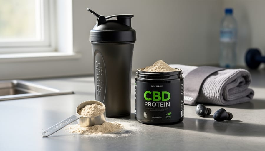 A protein shaker bottle and scoop with powder on a gym bench, suggesting a post-workout supplement routine.
