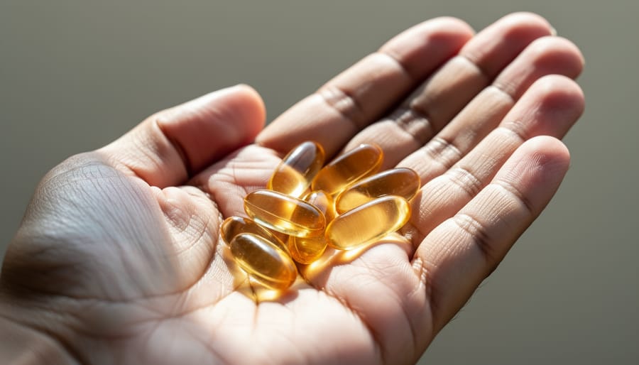 Hand holding CBD gel capsules above a pill organizer on a clean counter