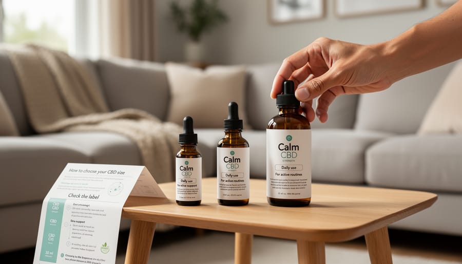 Person’s hands holding CBD products on a kitchen counter near a smartphone, shown in soft morning light