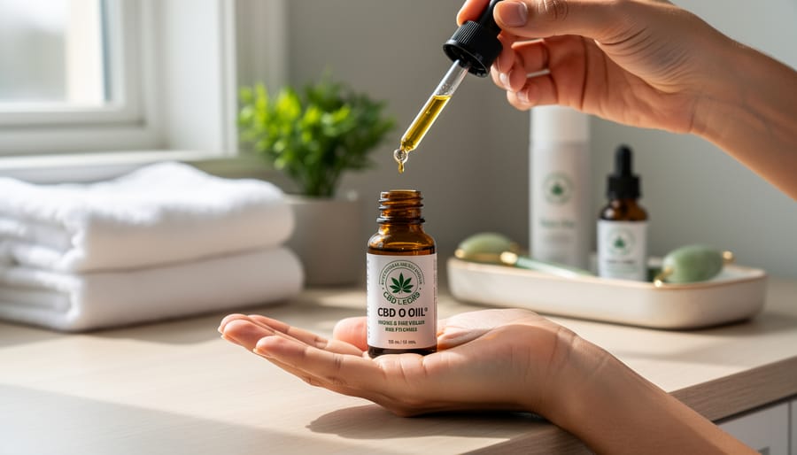 Hands holding a CBD oil dropper above a container with a visible amber drop midair