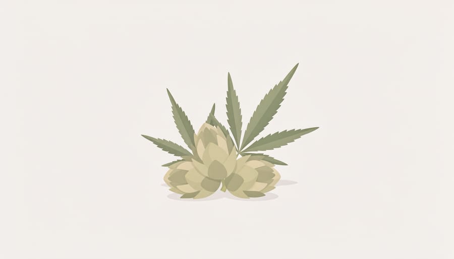 Close-up of hemp plant buds and leaves with detailed natural texture and light glints