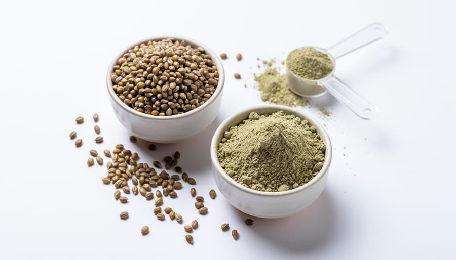 Close-up of hemp seeds and light-colored powder on a dark surface with blurred hemp plants in the background.
