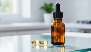 Close-up of clear CBD gel capsules on a glass surface next to an amber dropper bottle, styled like a clean supplement setup.