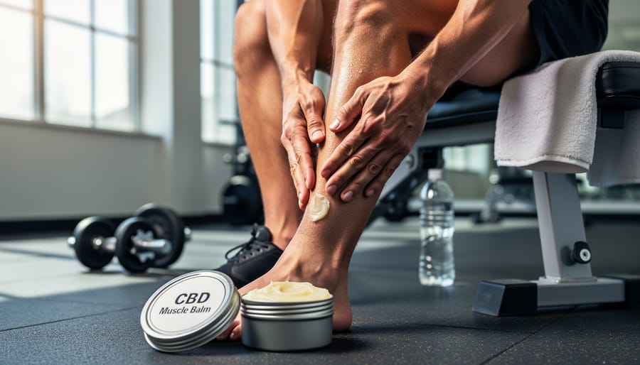 Person massaging CBD muscle balm into their upper arm after a workout in a locker-room setting