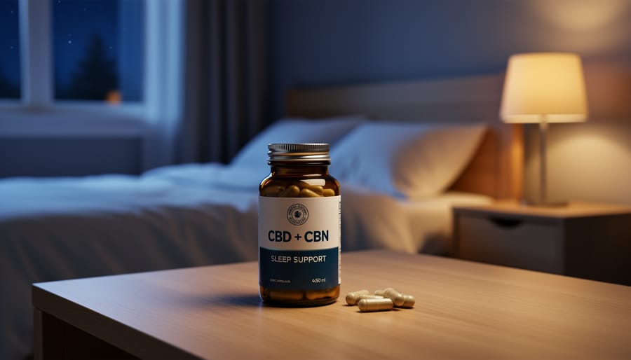 CBD capsules placed on a nightstand beside a bedside lamp and book