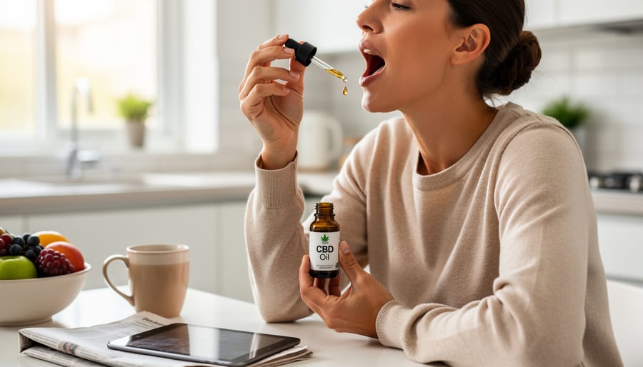 Person holding a dropper bottle over a cup in a softly lit kitchen