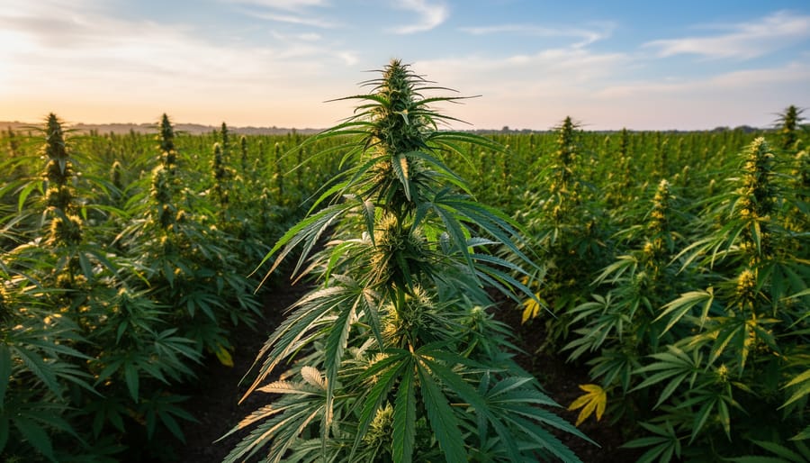 Sunlit hemp plants growing in a field with seed heads and leafy green stalks
