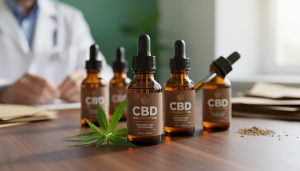 Amber glass CBD oil bottles with droppers and a few hemp leaves on a dark walnut surface in soft natural light.