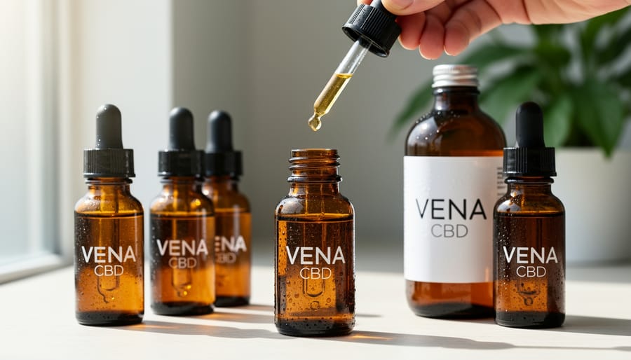 Amber glass CBD oil dropper bottle and dark glass bottle on a wooden surface with small hemp sprigs in soft background blur