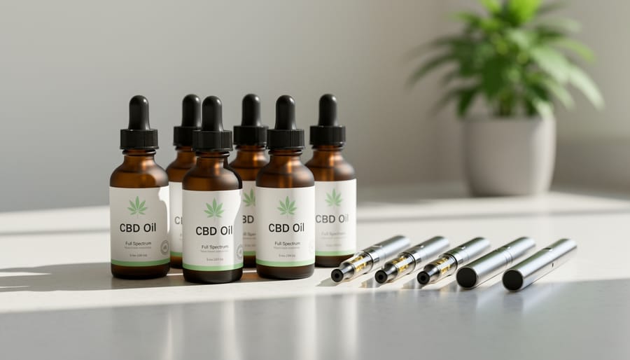 Amber CBD oil dropper bottle and vape cartridge displayed on a clean surface