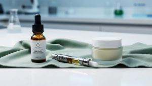 Flat-lay of a CBD vape cartridge, an amber CBD oil dropper bottle, and topical cream jar on a sage cloth with a clean countertop background.