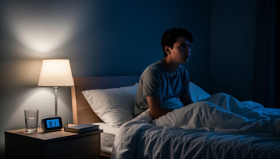 Objects related to cannabinoid consumption on a nightstand beside a softly lit lamp in a dark room.