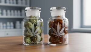 Two glass jars containing CBD-rich pale green cannabis material and darker amber THC-infused material on a wooden surface in a softly lit, clinical setting.
