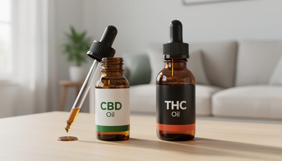 Glass jars containing pale golden and amber cannabis extracts on a wooden table with a sprig of lavender nearby.