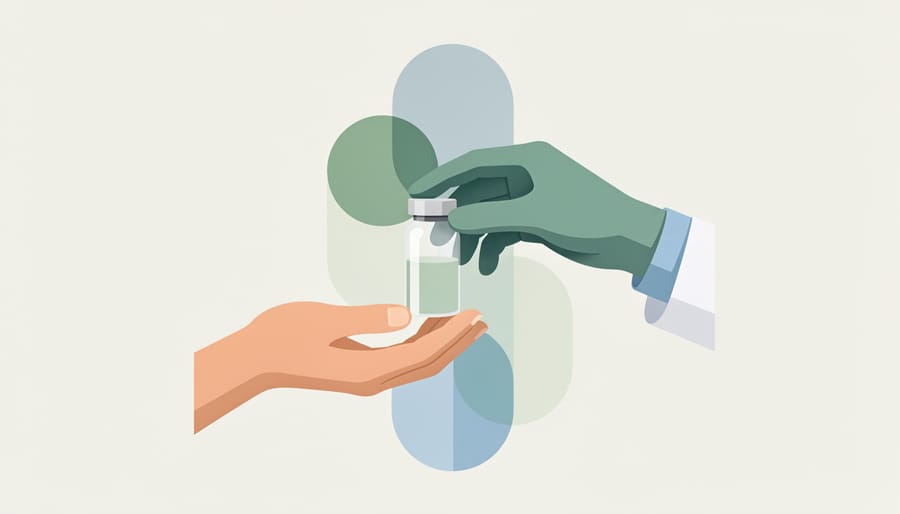 Close-up of hands holding a small vial while another hand offers a blank doctor’s note in a softly lit setting.