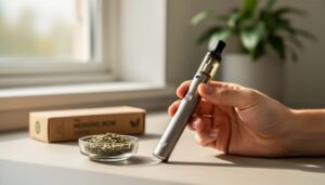 A person holding a CBD vape pen near a window with hemp seeds and a small plant in the background, shown in soft natural light.