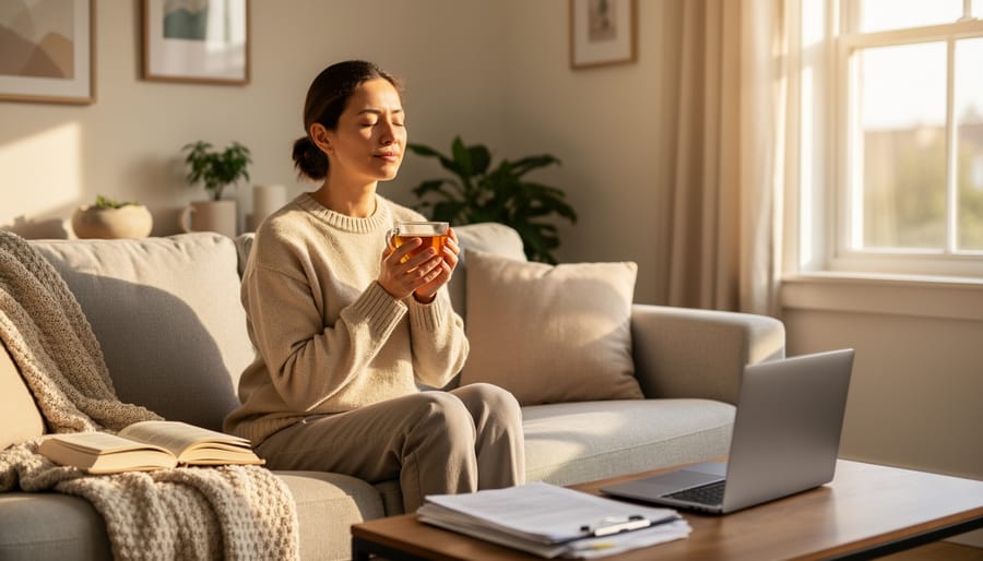 Person holding a vape device while a smartphone lies face-down on a table, suggesting mindful boundaries.
