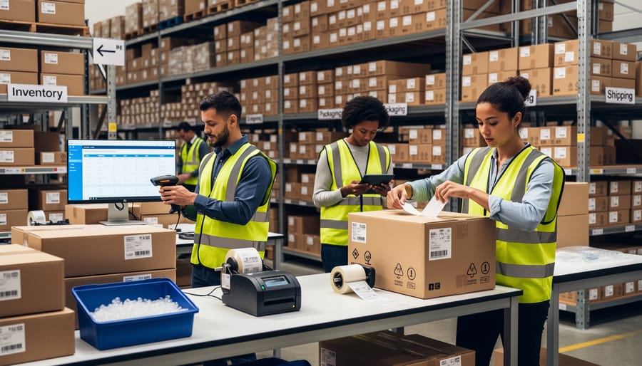 Warehouse staff handling cannabis packaging materials and managing inventory in an organized storage area