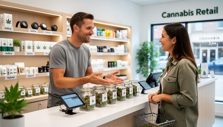 Budtender assisting a customer at a modern cannabis retail counter with glass displays in the background
