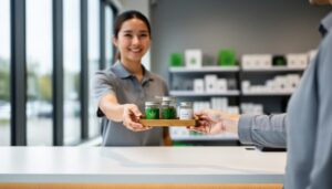 A budtender assists a customer at a modern Ontario Cannabis Store–style counter with a product display tray.