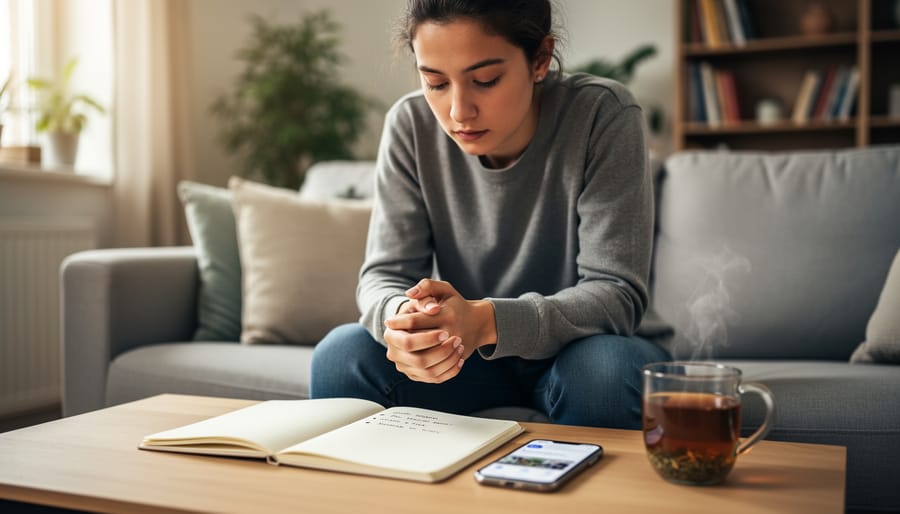 Person seated at a desk looking down thoughtfully, suggesting anxiety or worry in a calm indoor setting.