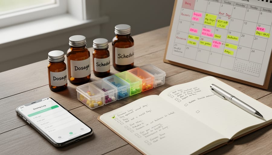 CBD oil jar, receipts, and a closed notebook on a wooden desk illustrating planned, responsible use.
