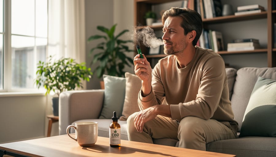 Person holding a CBD vape pen by a window in soft natural light