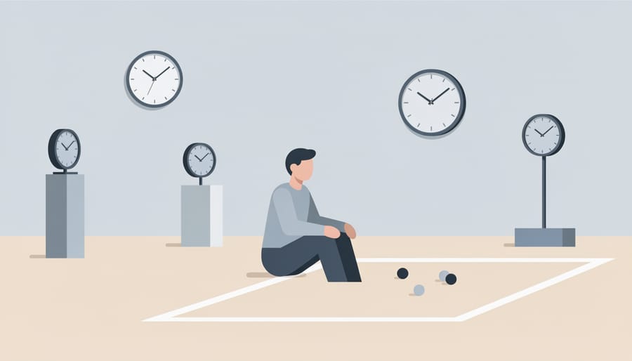 Adult pausing at a laptop with a visible clock and timer device to emphasize time-limited, responsible play.